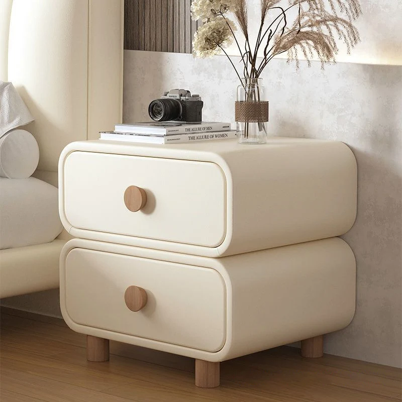 Modern Minimalist Rectangular Plywood MDF Solid Wood Microfiber Leather Nightstand 2-Drawer For Bedroom