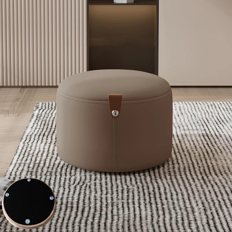 Contemporary Nordic Metal Rubber Wood Cat Scratch Leather Cylindrical Low Stool Backless Armless For Living Room