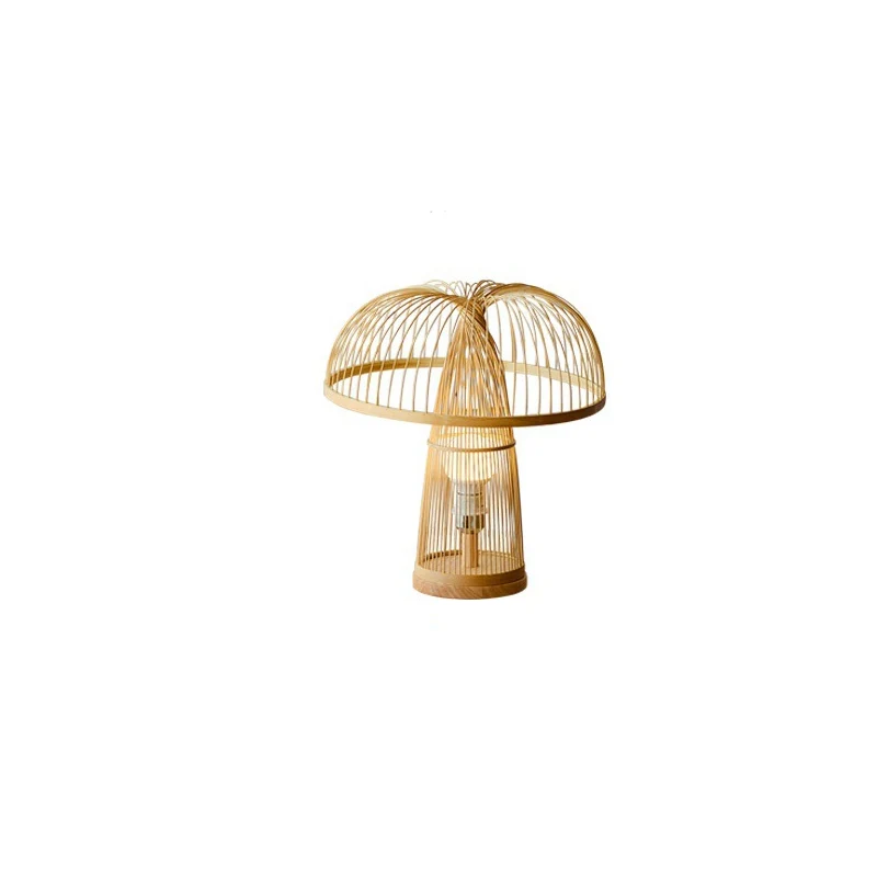 Traditional Japanese Mushroom-Shaped Bamboo Weaving 1-Light Table Lamp For Bedroom