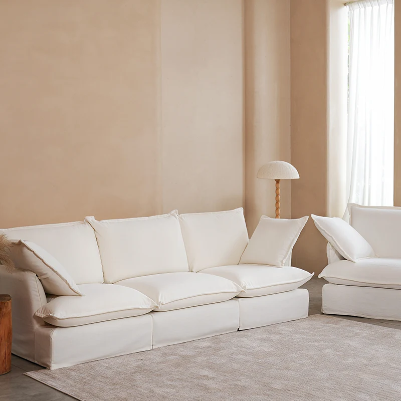 Pearl White Birch Wood Sofa – Minimalist Pillow-Style Settee Bench With 2/3 Seater for Living Room