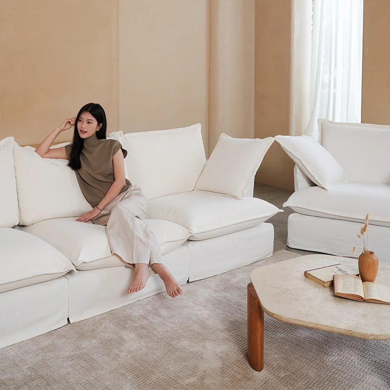 Pearl White Birch Wood Sofa – Minimalist Pillow-Style Settee Bench With 2/3 Seater for Living Room