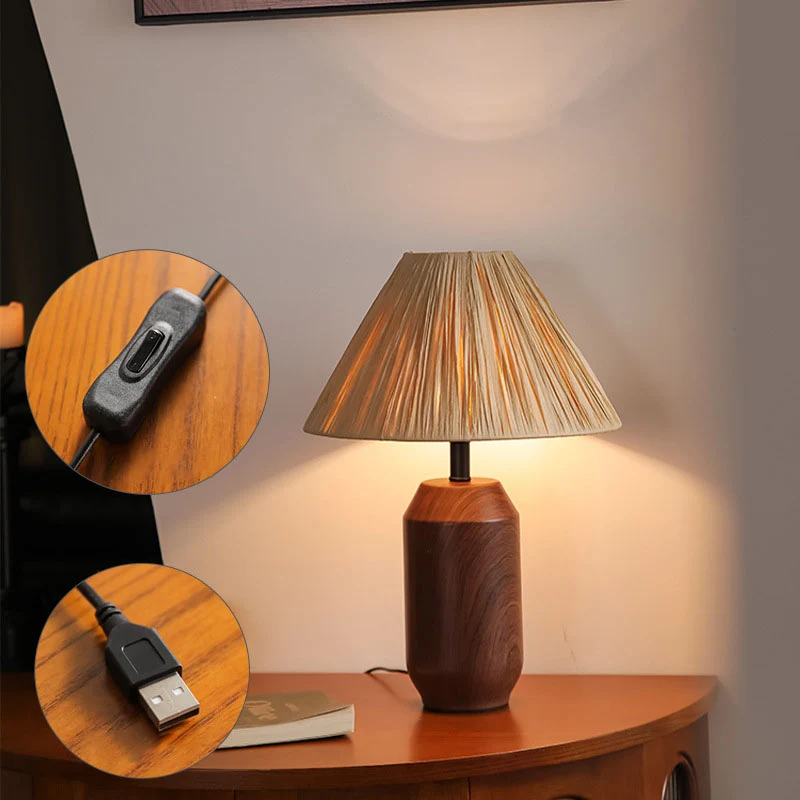 Traditional Japanese Iron Fabric Cylinder Imitation Wicker USB 1-Light Table Lamp For Bedroom