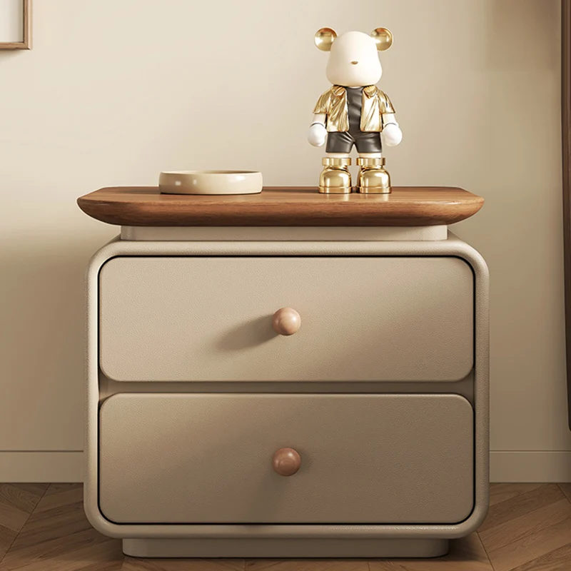 Modern Minimalist Solid Wood & Plywood Faux Leather Square Nightstand 2-Drawer For Bedroom