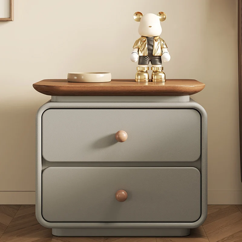 Modern Minimalist Solid Wood & Plywood Faux Leather Square Nightstand 2-Drawer For Bedroom