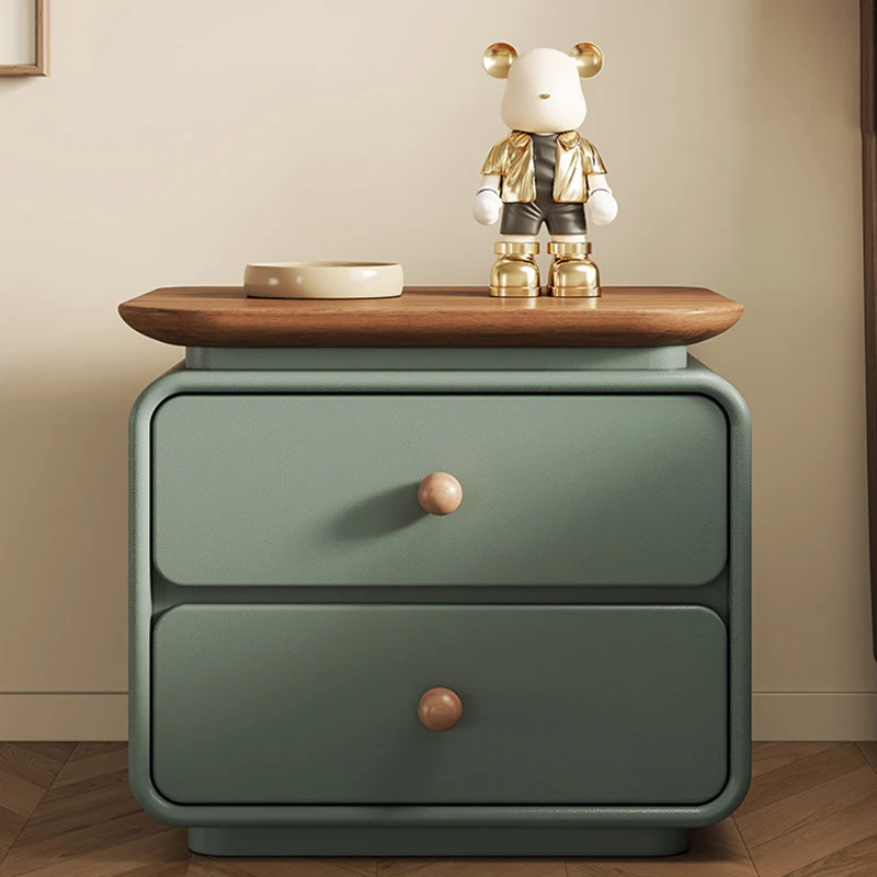 Modern Minimalist Solid Wood & Plywood Faux Leather Square Nightstand 2-Drawer For Bedroom