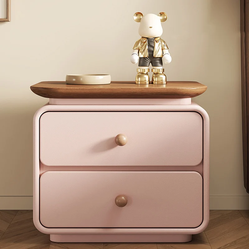 Modern Minimalist Solid Wood & Plywood Faux Leather Square Nightstand 2-Drawer For Bedroom