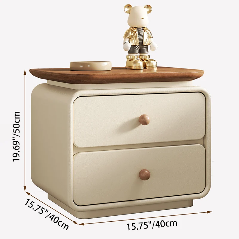 Modern Minimalist Solid Wood & Plywood Faux Leather Square Nightstand 2-Drawer For Bedroom