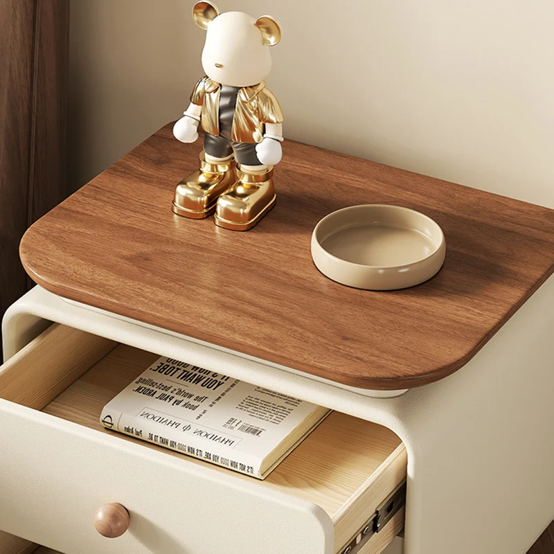 Modern Minimalist Solid Wood & Plywood Faux Leather Square Nightstand 2-Drawer For Bedroom