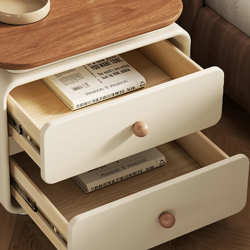 Modern Minimalist Solid Wood & Plywood Faux Leather Square Nightstand 2-Drawer For Bedroom