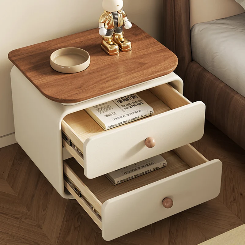 Modern Minimalist Solid Wood & Plywood Faux Leather Square Nightstand 2-Drawer For Bedroom