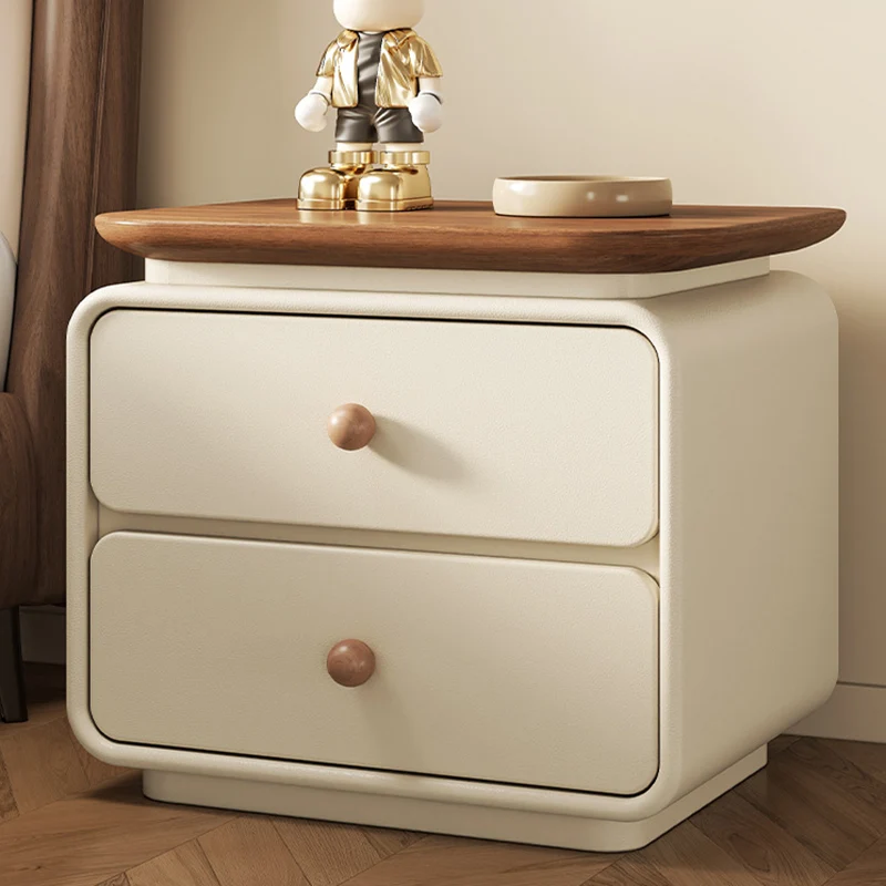 Modern Minimalist Solid Wood & Plywood Faux Leather Square Nightstand 2-Drawer For Bedroom