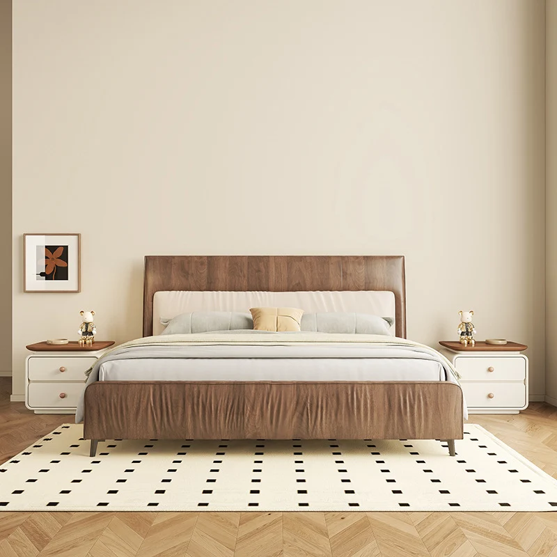 Modern Minimalist Solid Wood & Plywood Faux Leather Square Nightstand 2-Drawer For Bedroom