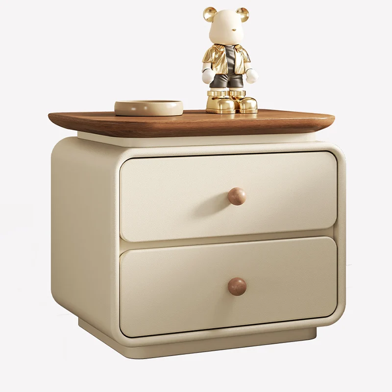 Modern Minimalist Solid Wood & Plywood Faux Leather Square Nightstand 2-Drawer For Bedroom