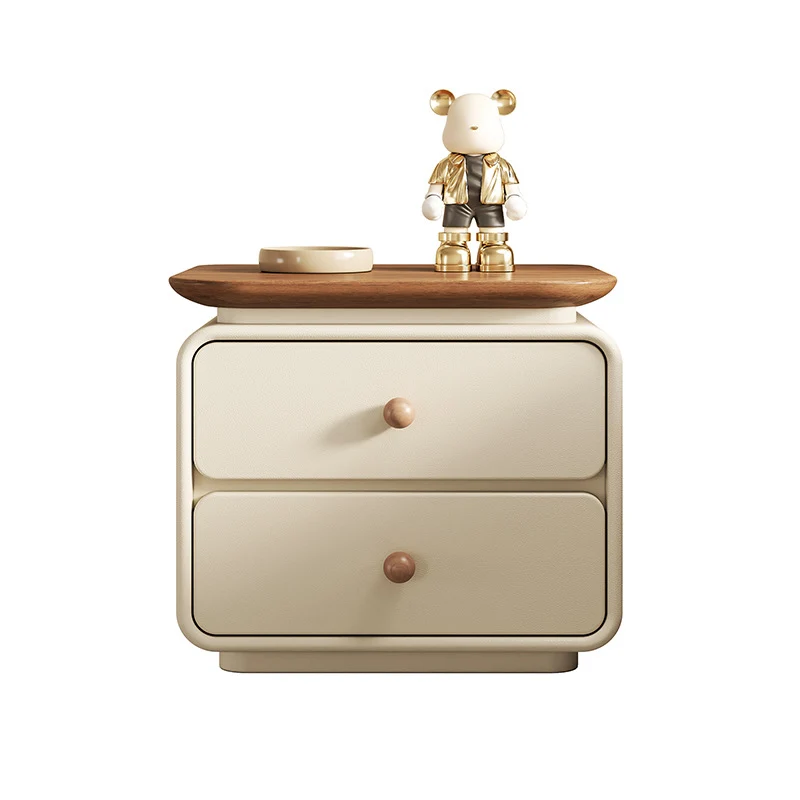 Modern Minimalist Solid Wood & Plywood Faux Leather Square Nightstand 2-Drawer For Bedroom