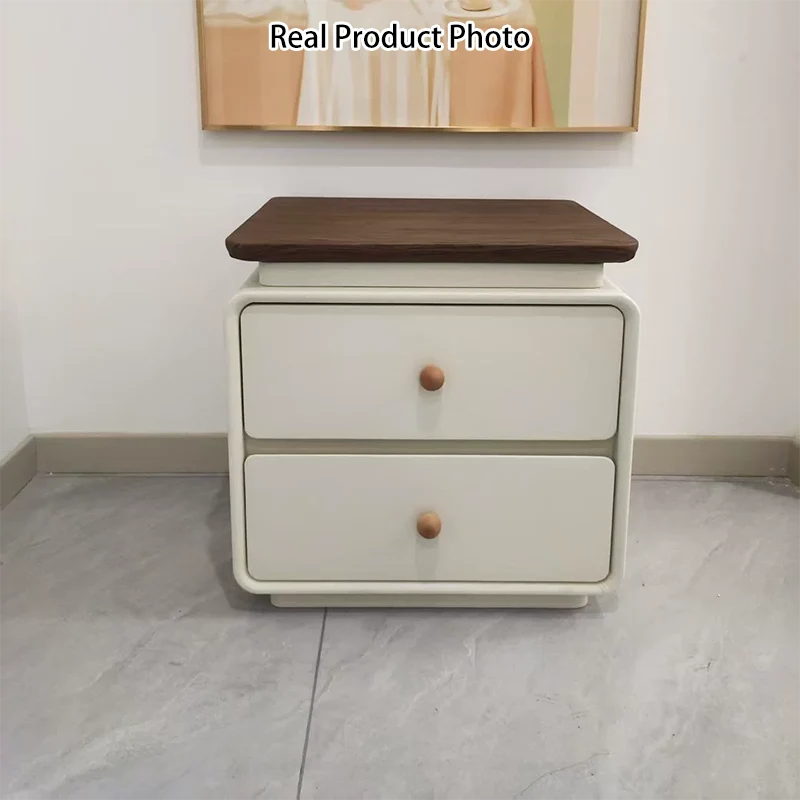 Modern Minimalist Solid Wood & Plywood Faux Leather Square Nightstand 2-Drawer For Bedroom