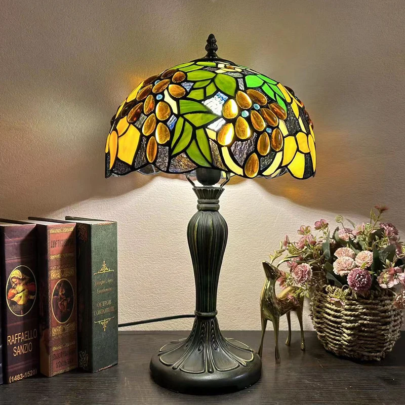 Traditional Tiffany Metal Glass Dome Grape Flower Dragonfly Butterfly 1-Light Table Lamp For Bedside