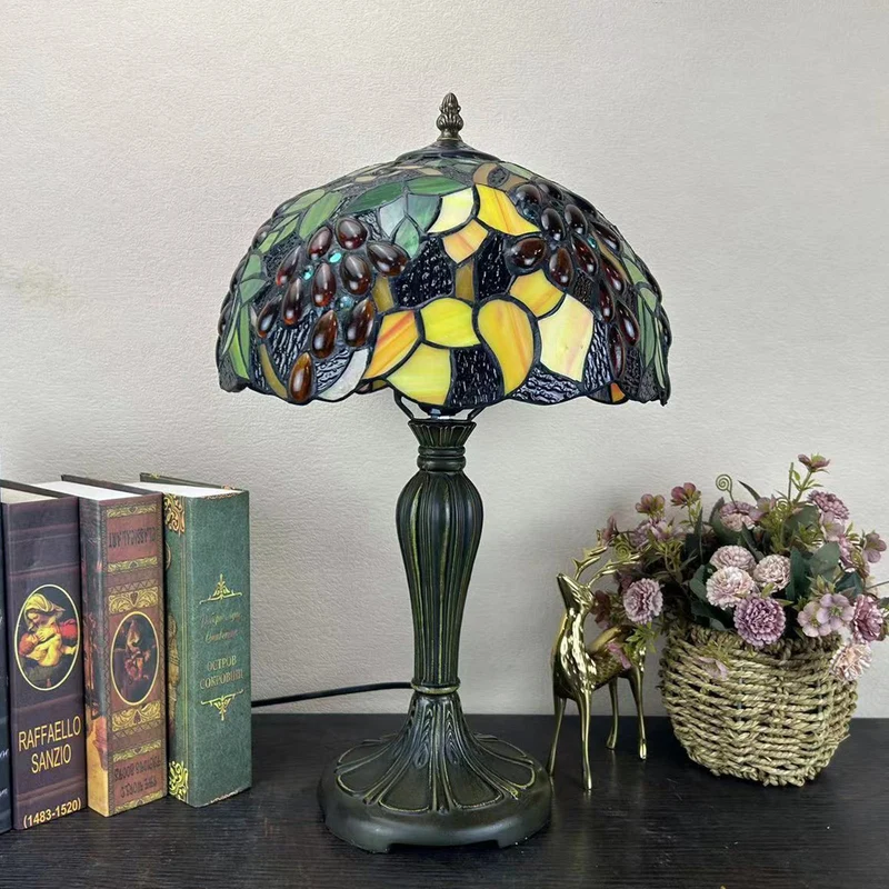 Traditional Tiffany Metal Glass Dome Grape Flower Dragonfly Butterfly 1-Light Table Lamp For Bedside