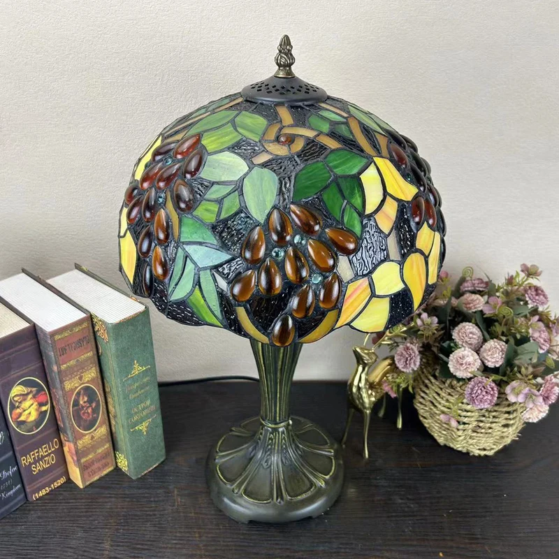 Traditional Tiffany Metal Glass Dome Grape Flower Dragonfly Butterfly 1-Light Table Lamp For Bedside