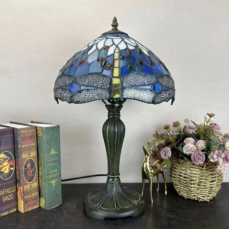 Traditional Tiffany Metal Glass Dome Grape Flower Dragonfly Butterfly 1-Light Table Lamp For Bedside