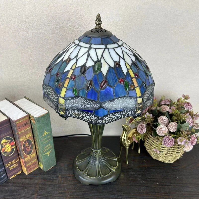 Traditional Tiffany Metal Glass Dome Grape Flower Dragonfly Butterfly 1-Light Table Lamp For Bedside