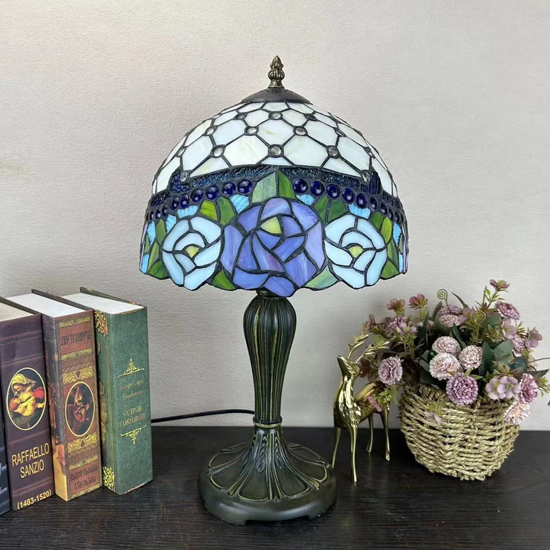 Traditional Tiffany Metal Glass Dome Grape Flower Dragonfly Butterfly 1-Light Table Lamp For Bedside