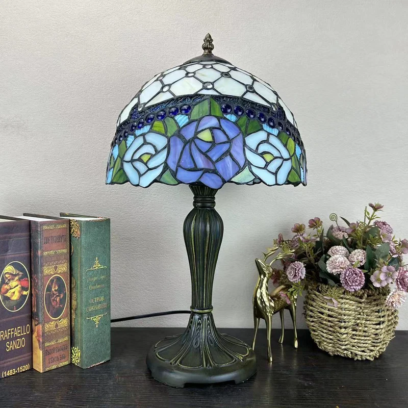Traditional Tiffany Metal Glass Dome Grape Flower Dragonfly Butterfly 1-Light Table Lamp For Bedside