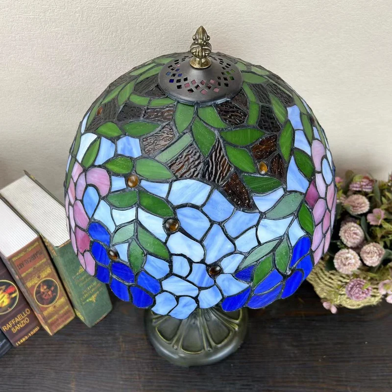 Traditional Tiffany Metal Glass Dome Grape Flower Dragonfly Butterfly 1-Light Table Lamp For Bedside