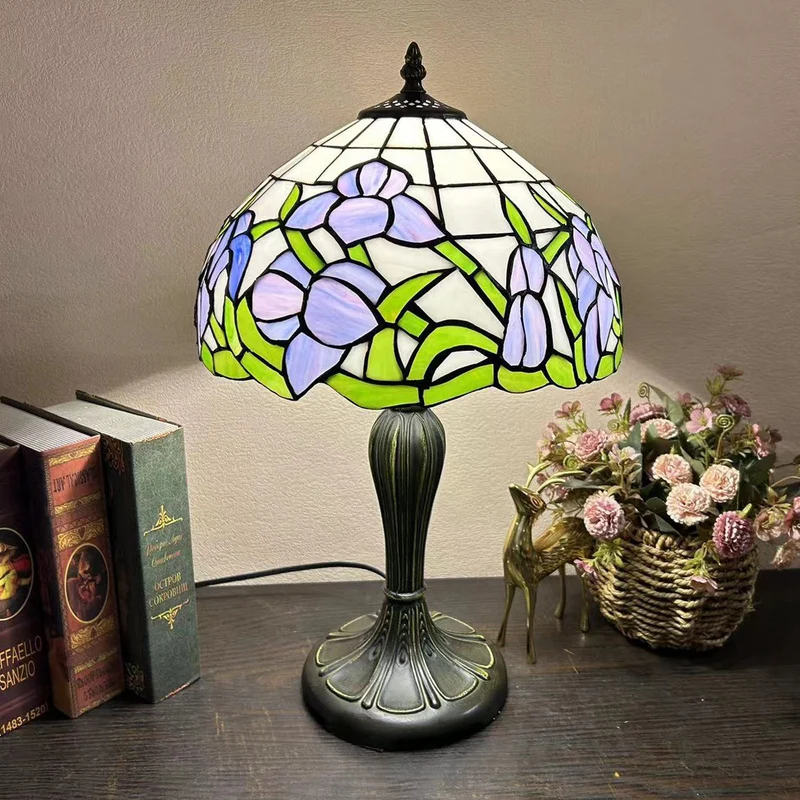 Traditional Tiffany Metal Glass Dome Grape Flower Dragonfly Butterfly 1-Light Table Lamp For Bedside