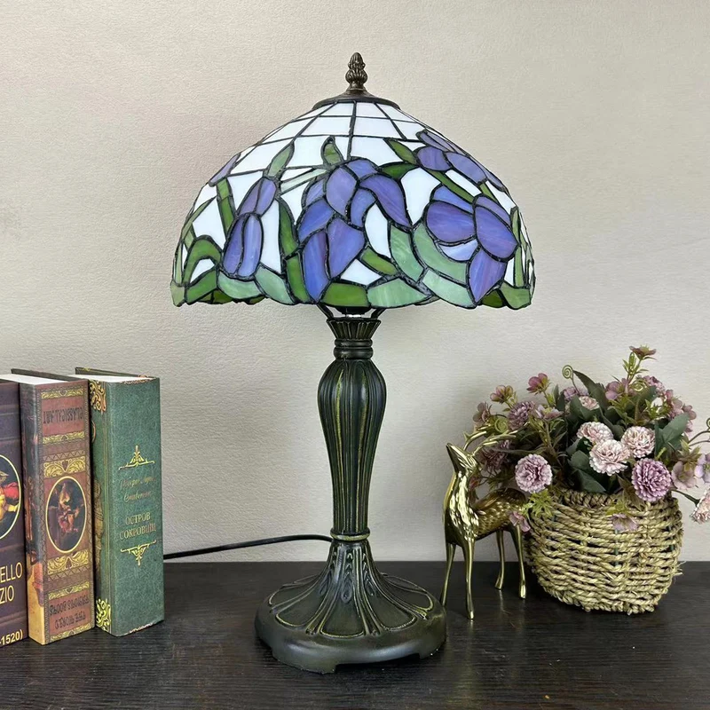 Traditional Tiffany Metal Glass Dome Grape Flower Dragonfly Butterfly 1-Light Table Lamp For Bedside