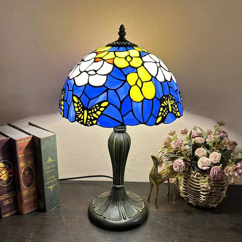 Traditional Tiffany Metal Glass Dome Grape Flower Dragonfly Butterfly 1-Light Table Lamp For Bedside