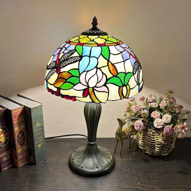 Traditional Tiffany Metal Glass Dome Grape Flower Dragonfly Butterfly 1-Light Table Lamp For Bedside