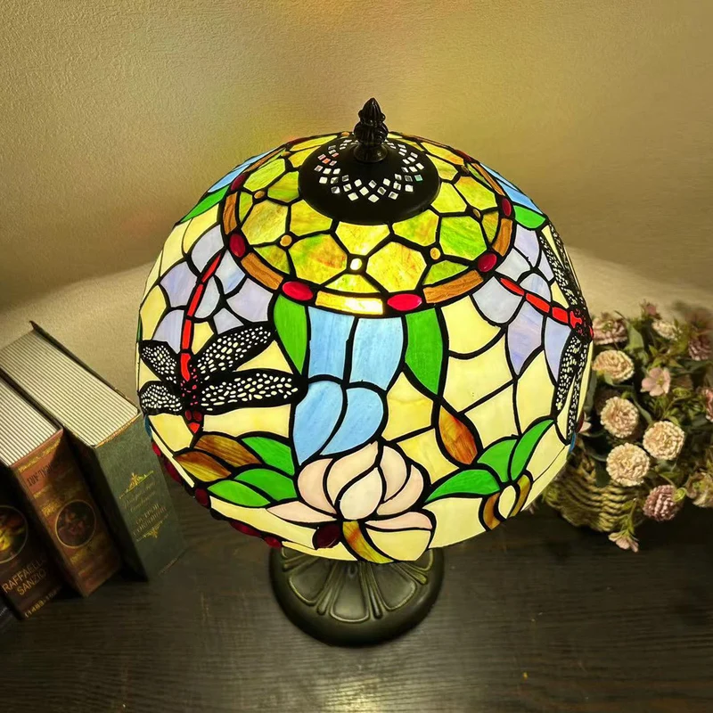 Traditional Tiffany Metal Glass Dome Grape Flower Dragonfly Butterfly 1-Light Table Lamp For Bedside