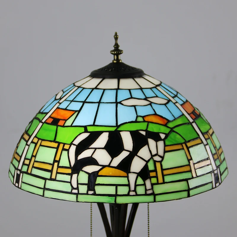 Traditional Tiffany Resin Glass Semicircular Dome Cow Diamond Flower 2-Light Standing Floor Lamp For Dining Room