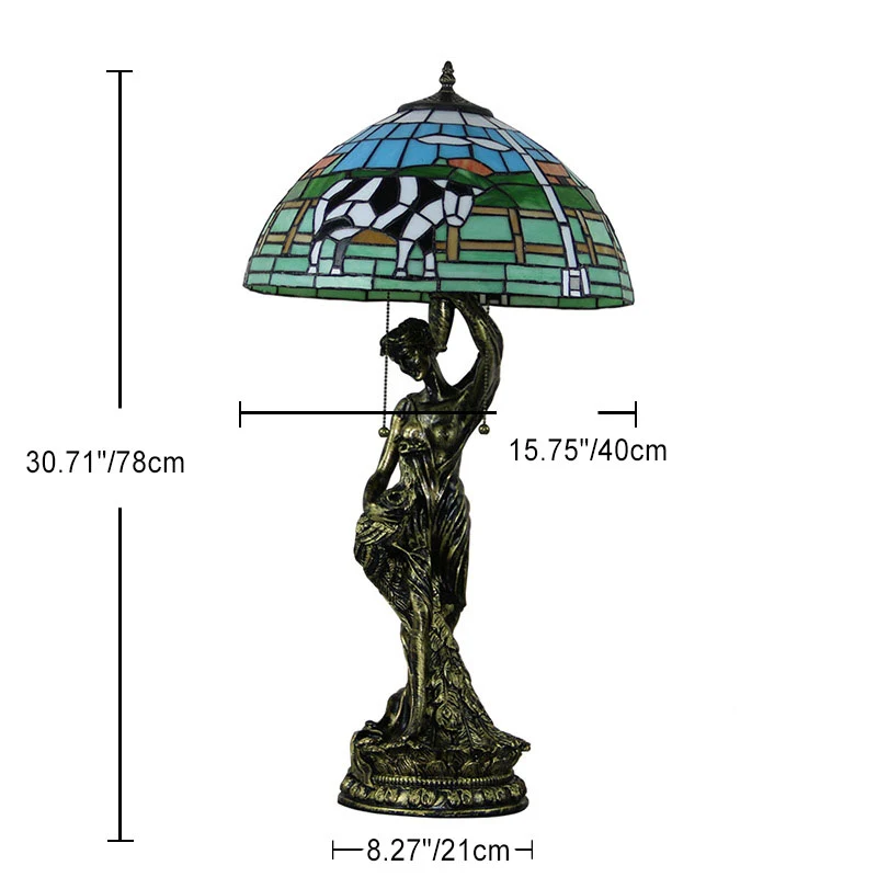 Traditional Tiffany Resin Glass Dome Grape Cow Diamond Pretty Woman Base 2-Light Table Lamp For Bedside