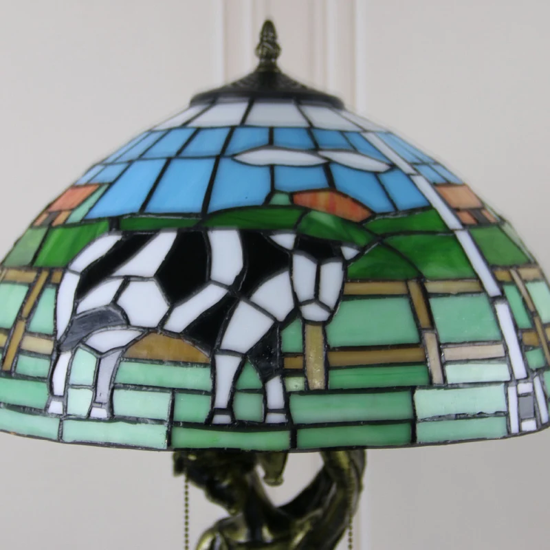 Traditional Tiffany Resin Glass Dome Grape Cow Diamond Pretty Woman Base 2-Light Table Lamp For Bedside
