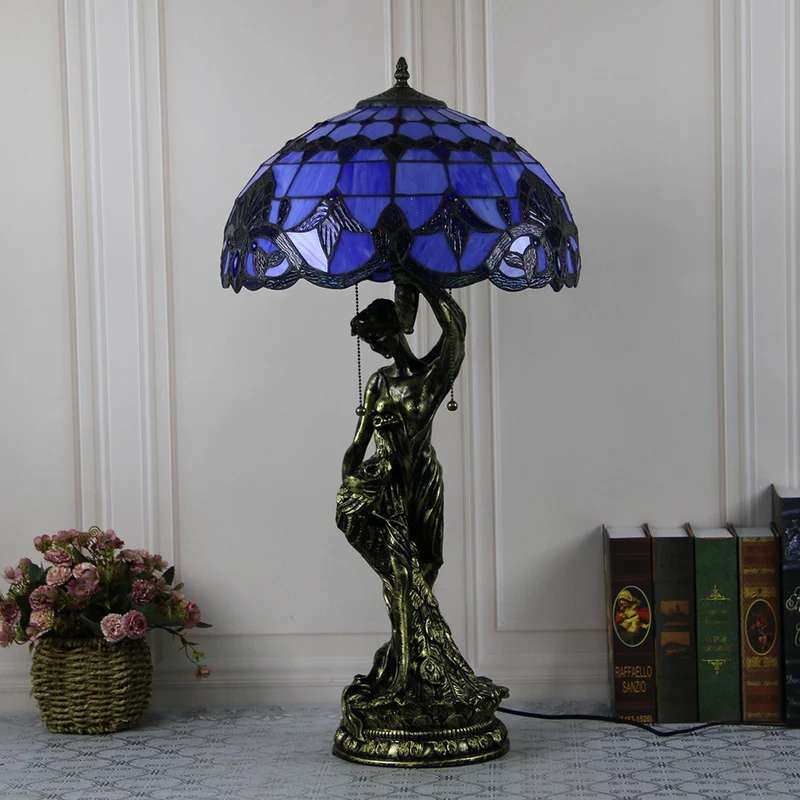 Traditional Tiffany Resin Glass Dome Grape Cow Diamond Pretty Woman Base 2-Light Table Lamp For Bedside