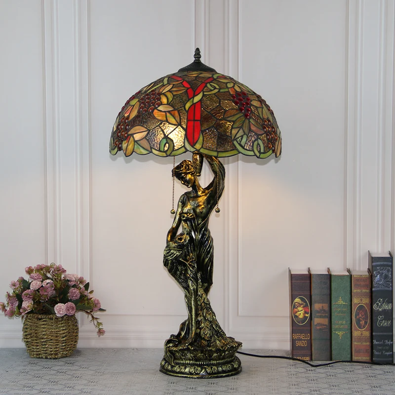 Traditional Tiffany Resin Glass Dome Grape Cow Diamond Pretty Woman Base 2-Light Table Lamp For Bedside