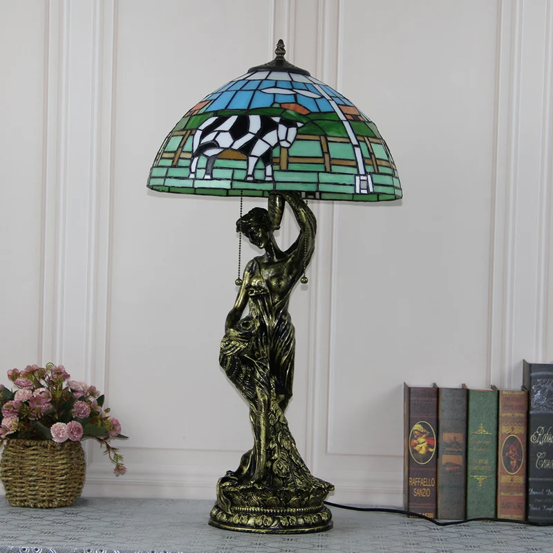 Traditional Tiffany Resin Glass Dome Grape Cow Diamond Pretty Woman Base 2-Light Table Lamp For Bedside