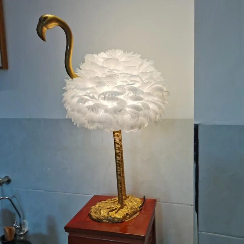 Contemporary Nordic Goose Feather Metal Flamingo Ball 1-Light Table Lamp For Bedside