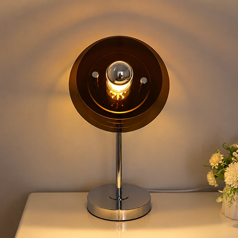 Modern Mid-Century Round Flying Saucer Iron Acrylic 1-Light Table Lamp For Bedroom