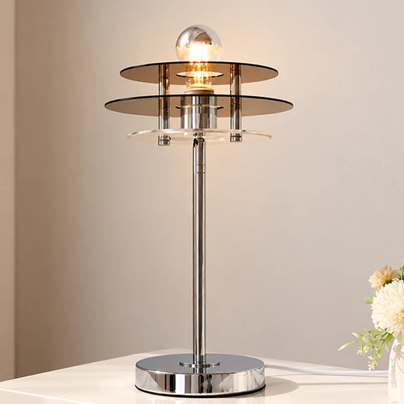 Modern Mid-Century Round Flying Saucer Iron Acrylic 1-Light Table Lamp For Bedroom