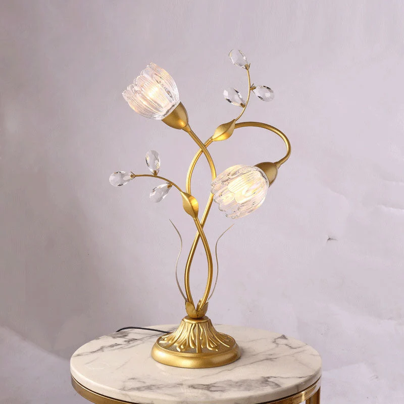 Modern Art Deco Floral Iron Glass 2-Light Table Lamp For Living Room