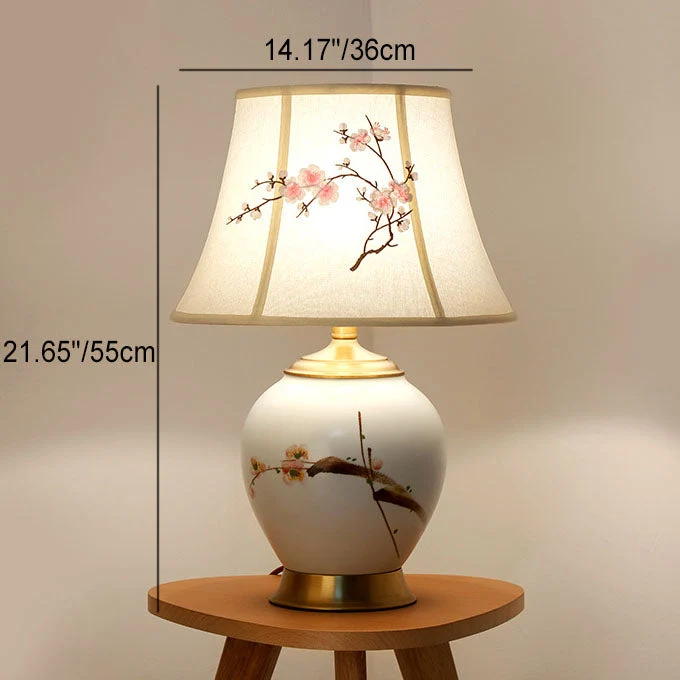 Traditional Chinese Plum Flower Embroidered Fabric Shade Ceramic Base 1-Light Table Lamp For Bedroom
