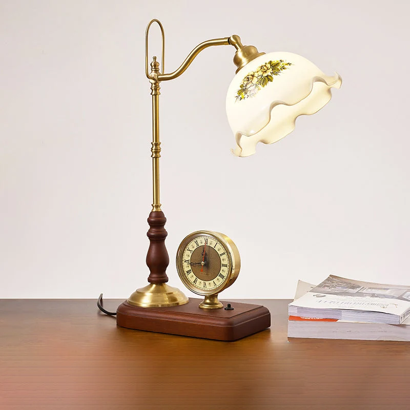 Traditional Retro Floral Solid Wood Copper Glass 1-Light Table Lamp For Bedroom