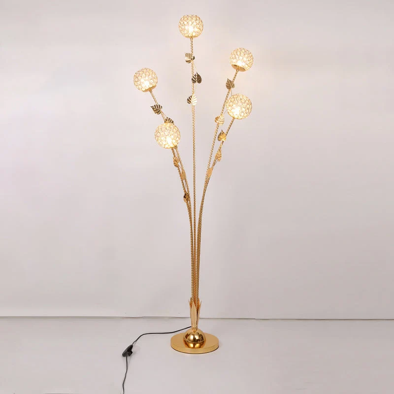 Modern Luxury Leaf Flower Globe Iron Aluminum 5-Light Standing Floor Lamp For Living Room