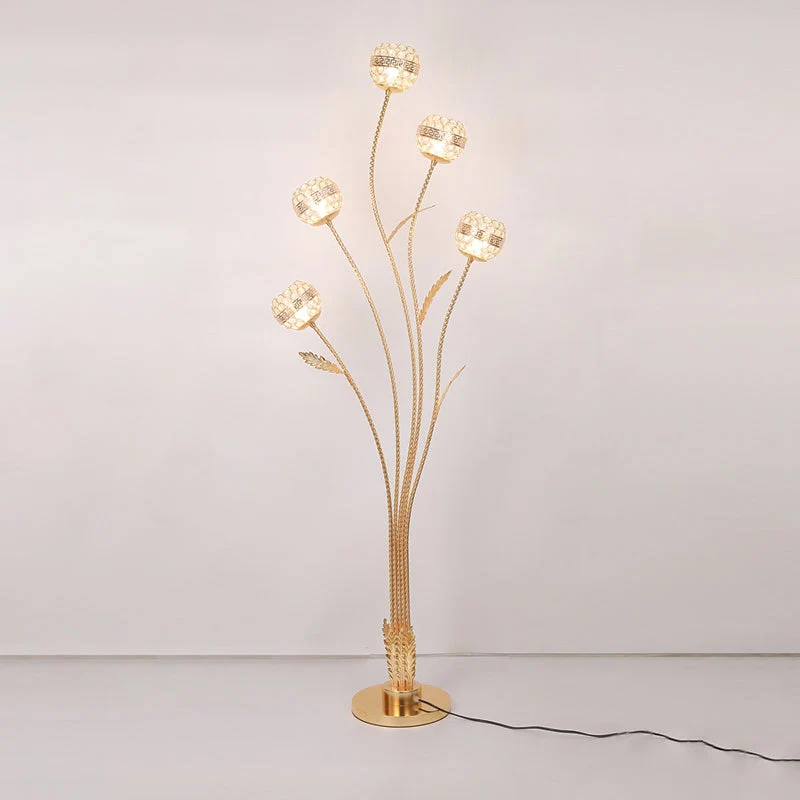 Modern Luxury Leaf Flower Globe Iron Aluminum 5-Light Standing Floor Lamp For Living Room