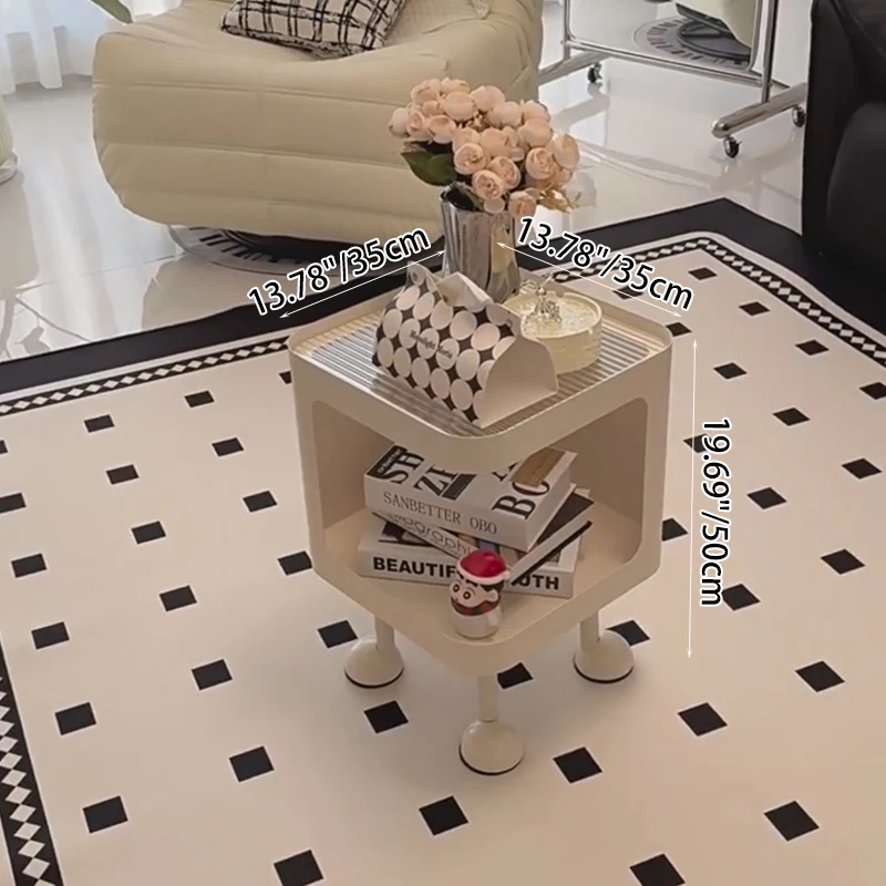 Contemporary Scandinavian Iron Glass Rounded Square Side Table With 2 Tiers For Living Room