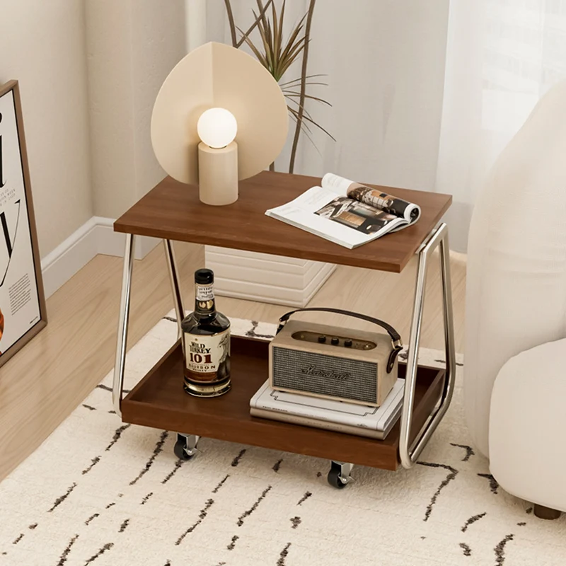 Traditional Vintage Solid Wood Stainless Steel Rectangular Mobile Side Table With 2 Tiers For Living Room