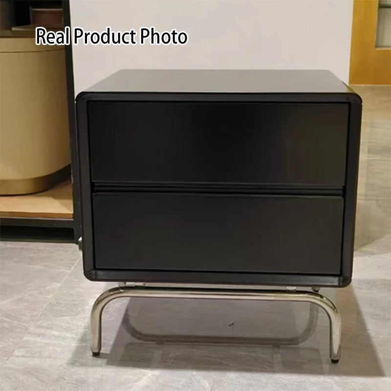 Modern Minimalist Black 2-Drawer Storage Nightstand - Matte Finish Stainless Steel Base Bedside Table For Bedroom
