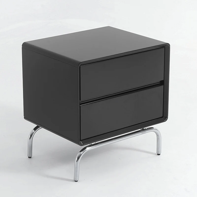 Modern Minimalist Black 2-Drawer Storage Nightstand - Matte Finish Stainless Steel Base Bedside Table For Bedroom